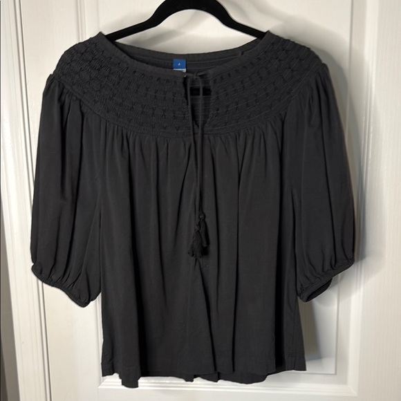 Old Navy Gray Puff Sleeve Blouse with Smocked Tie Front - Picture 1 of 6